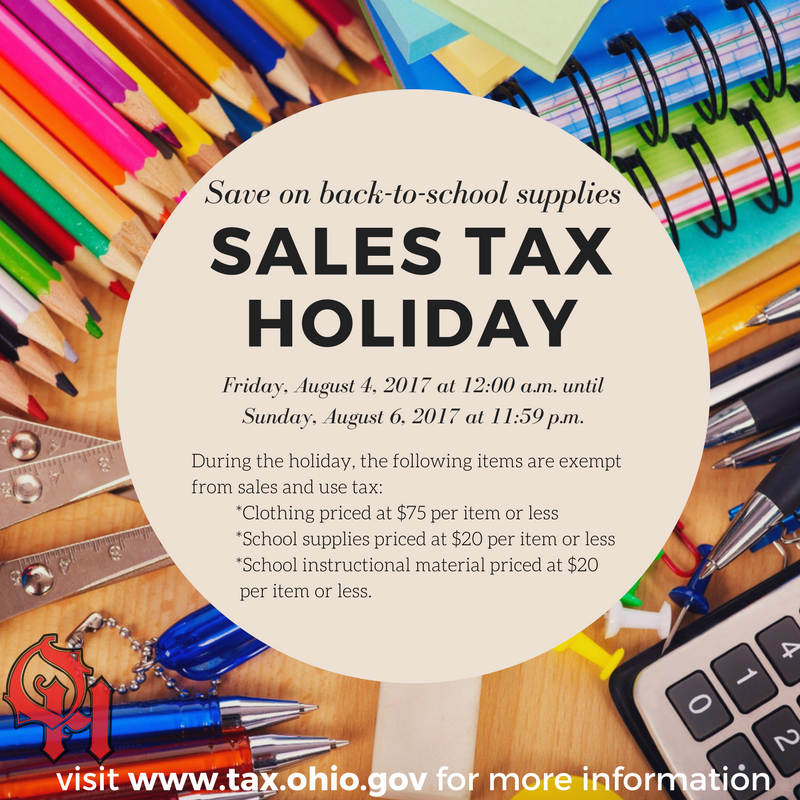 Poster about sales tax holiday including images of school supplies